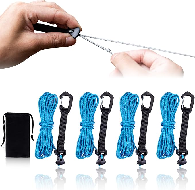 4 Pack Guy Lines-Ultralight Tent Cords with Locking Carabiner Clip, 2mm 100% Nylon Guylines Ropes for Outdoor Camping Tent Tarp,Climbing,Hiking Backpacking (Blue, 4M)