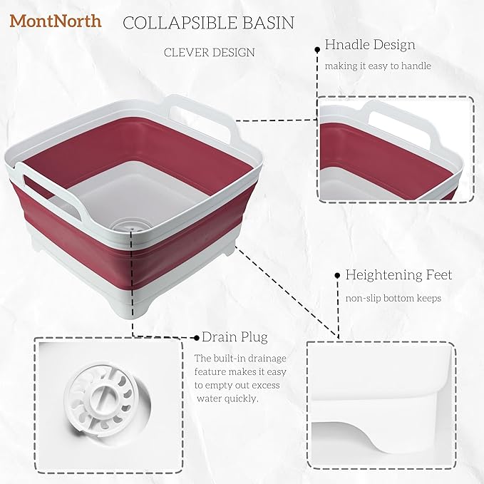 Collapsible Wash Basin 9L, Foldable Dish Tub with Drain Plug, Portable Collapsible Dish Basin, Camping Sink for Washing Dishes, Laundry & Kitchen Use (Viva Magenta)