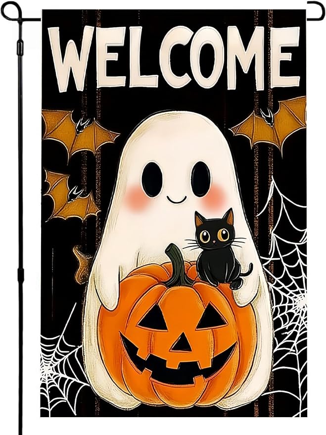 Halloween Garden Flag 12X18 Inch Double Side,Pumpkin Ghost Yard Flag, Welcome Jack O Lantern Small Garden Flag,Yard Outdoor Flag for Holiday Outside Patio Lawn Decoration