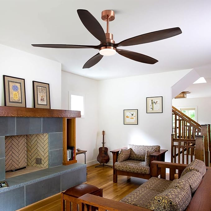 60" Ceiling Fan with Light and Remote,Reversible DC Motor,6Speed,Modern Natural Wood Ceiling Fan with Dimmable LED for Outdoor Patios Bedroom Living Room,Black Walnut and Red Brass
