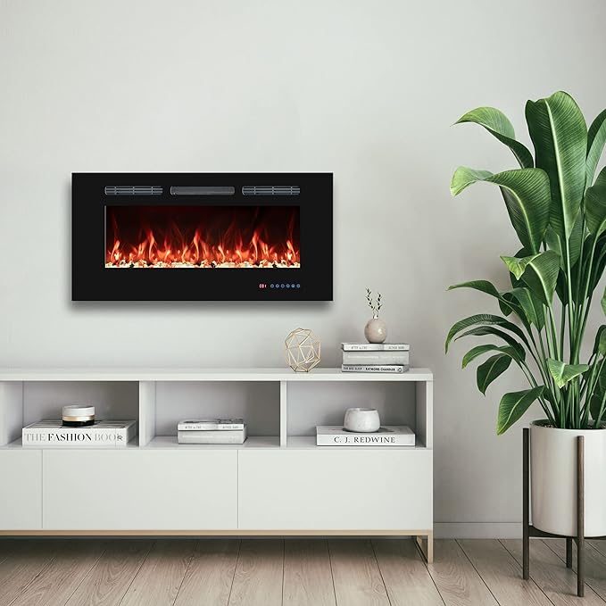 36" Electric Fireplaces Inserts, Recessed & Wall-Mounted Fireplace Heater with Thermostat, Multicolor Flames,Timer, Log & Crystal, 750/1500W