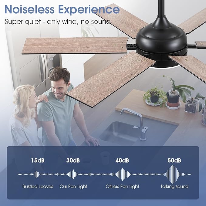 52" Black Ceiling Fans with Lights and Remote, Indoor Ceiling Fans with Quiet DC Motor, Dimmable 6 Speeds Reversible,Modern LED Ceiling Fan for Bedroom Kitchen