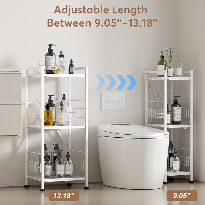 Himix 3-Tier Narrow Shelf, Expandable Metal Narrow Shelving Unit, Free-Standing Storage Rack Corner Shelf for Bathroom, Kitchen, Bedroom, Office, Laundry Organization (White)