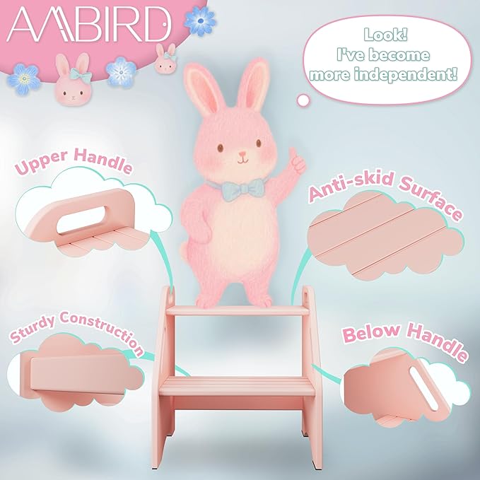 AMBIRD Wooden Kids Step Stool, 15.75'' H Potty Training Toddler 300 lbs Capacity with Safety Non-Slip Pads and Handles, Kitchen Step Stools for Kids, Bamboo Step Stool for Bathroom, High Beds (Pink)