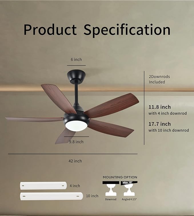 Ceiling Fans with Lights and Remote Control, 42 Inch Ceiling Fan with Light for Bedroom Living Room and Patio, Quiet 6 Speeds DC Reversible, Dimmable, Noiseless, Low Profile Ceiling Fans