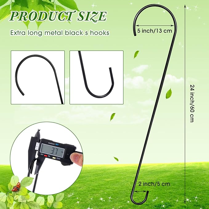 6 Pack 24 Inch Large S Hooks for Hanging Plants Black Metal Plant Hanger Long Tree Hooks Plant Hooks Outdoor Hanging Hooks for Tree Branch, Bird Feeder, Basket, Lantern Indoor Closet Garden