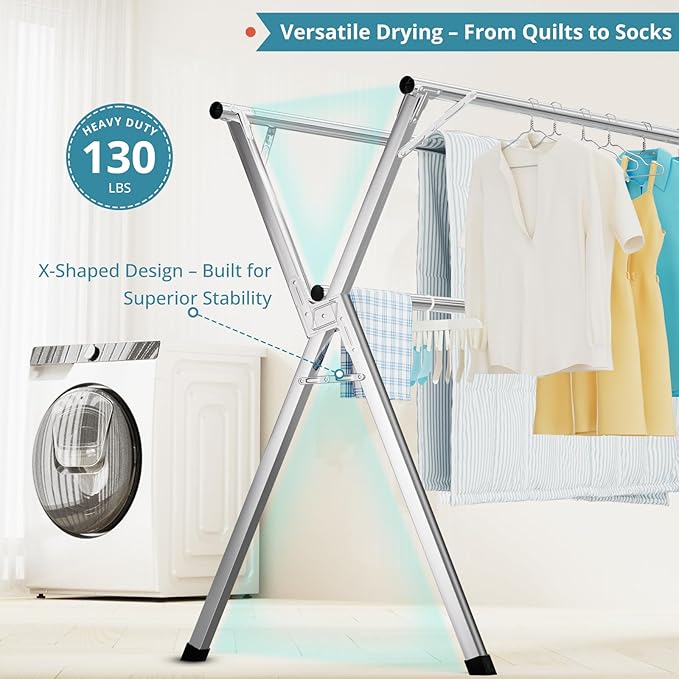 JAUREE 95 Inches Clothes Drying Rack, Drying Rack Clothing Folding Indoor Outdoor, Heavy Duty Stainless Steel Laundry Rack, Foldable Portable Large Clothes Rack Garment Rack with 20 Windproof Hooks