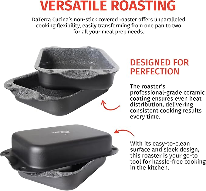 DaTerra Cucina - 13 x 8 x 4.25 Nonstick Ceramic Coated Dual Roasting Pan Set – 2 Identical Pans, Oven Safe, Ideal for Roasting, Baking, Searing, Braising, Casseroles, Fits Most Toaster Ovens
