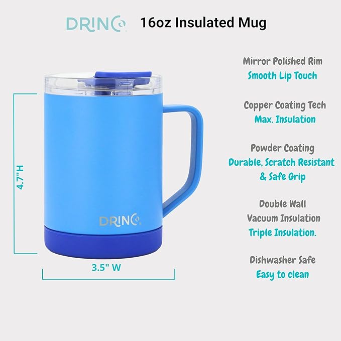 Drinco 16 oz Coffee Mug, Vacuum Insulated Camping Mug with Lid, Double Wall Stainless Steel Travel Mug Insulated Tumblers Coffee Mugs Coffee Cups Tea Cup (16oz Royal Blue)