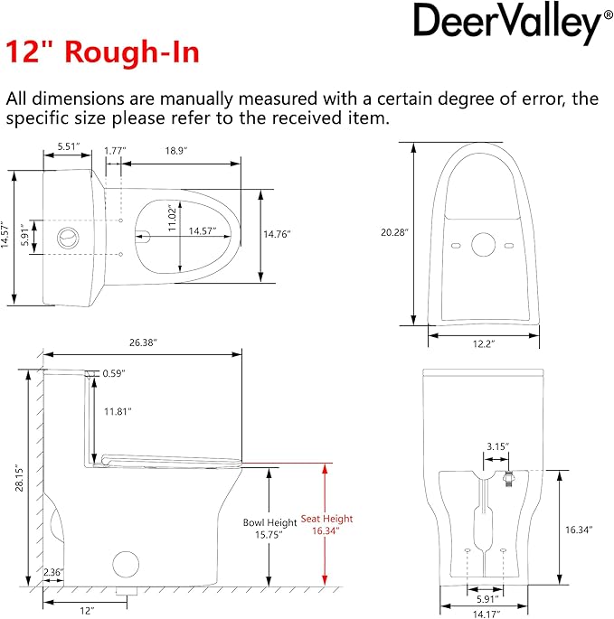 DeerValley Compact One Piece Toilet with Comfortable Seat Height, Modern Standard Toilet for Bathroom, Dual Flush 0.8/1.28 GPF and MAP 900g, 12'' Rough-In Skirted Toilet, DV-1F0250