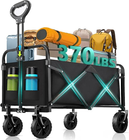 Collapsible Wagon with Wheels, 370lbs Weight Capacity Foldable Beach Wagon with Flexible Handle Portable Utility Wagon Cart for Outdoor, Grocery, Garden, Camping