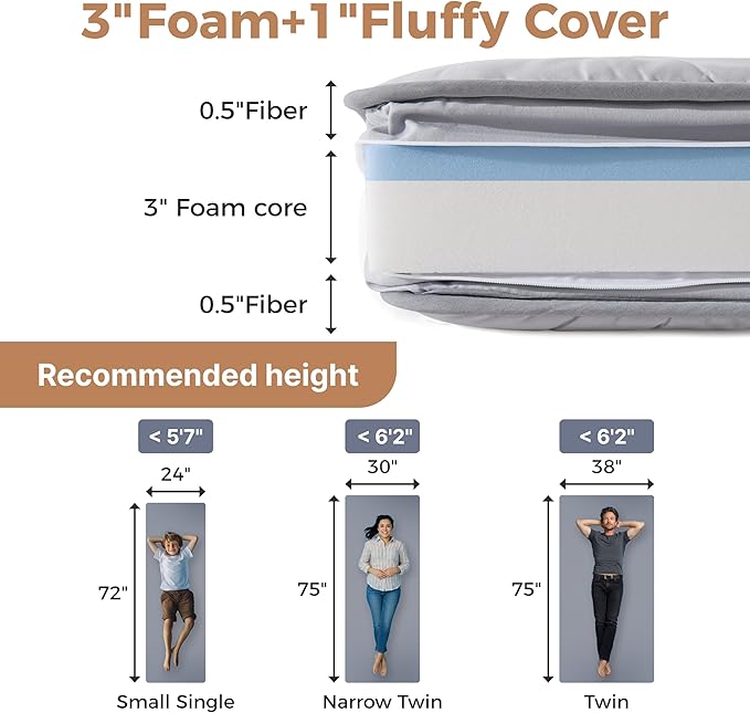 4Inch Cot Mattress Topper,Twin Gel Infused Memory Foam,Machine Washable Thickened Pillow Top Cover,Roll Up Floors Mat,Portable Folding Sleep Pad(75 x 38“)