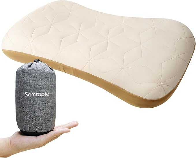 Inflatable Camping Travel Pillow, Lightweight Backpacking & Hiking Pillow with Removable Cover, Washable for Neck Lumbar Support