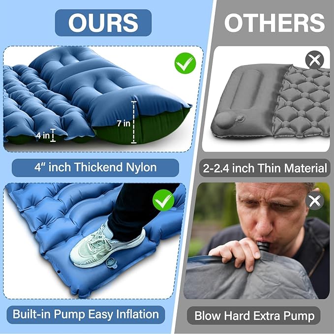 Double Sleeping Pad for 2 Person - 4" Extra Thick Inflatable Air Mattress with Built-in Foot Pump & Pillow for Camping,Traveling, Tent, Portable Camping Mat
