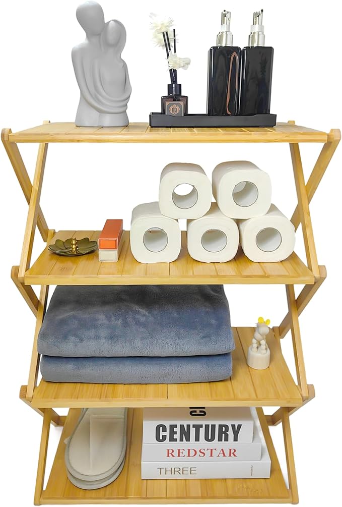 Foldable Bamboo Shelf, Folding Shoe Rack, Flower Rack, Camping Rack, No Installation Required, Portable, Space Saving, Multi-Purpose Storage Rack (Natural, 4 Tiers)
