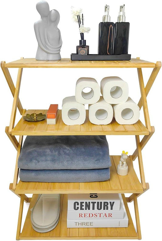 Foldable Bamboo Shelf, Folding Shoe Rack, Flower Rack, Camping Rack, No Installation Required, Portable, Space Saving, Multi-Purpose Storage Rack (Natural, 4 Tiers)