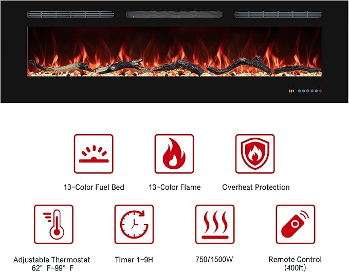60'' Electric Fireplaces Inserts, Recessed & Wall-Mounted Fireplace Heater with Thermostat, Multicolor Flames,Timer, Log & Crystal, 750/1500W, Black