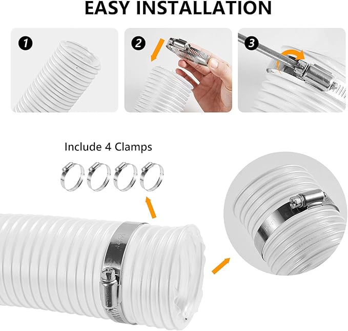 2 1/2" x 10' PVC Clear Dust Collection Hose, Puncture Resistant Fume Collection Hose with 4 Pieces Stainless Steel Clamps, Suitable for Dust Woods Debris Collection