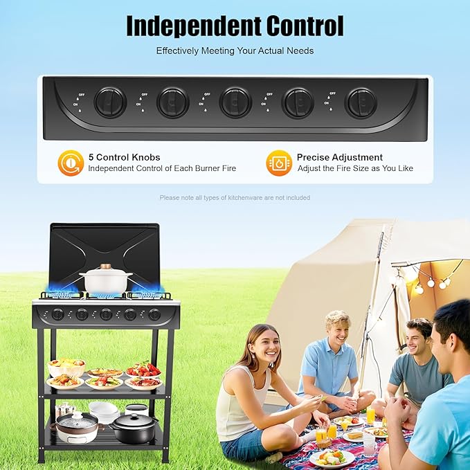 5 Burners Natural Gas Stove with Placement Boards, Portable Camping Stove with Non-Slip Bottom Feet, Propane Gas Stove for Camping Outdoor Cooking Tailgating, Black