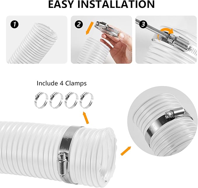 4" x 10' Clear PVC Dust Collection Hose, Puncture Resistant Fume Collection Hose with 4 Pieces Stainless Steel Clamps for Dust Woods Debris