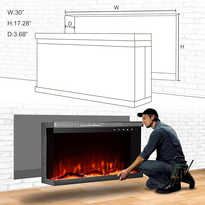 Charavector 30 inch 3-Sided Electric Fireplace Inserts with Remote Control in Wall Mounted, Energy Saving Insert Fireplace Heater Indoor Glass View with Remote Control & Touch Screen
