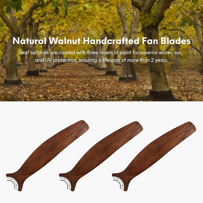 EKIZNSN 42“ Wet Rated Ceiling Fans with Lights Outdoor Hanging for Gazebo Waterproof, DC Motor w 3 Reversible Walnut Wood Blades, Walnut