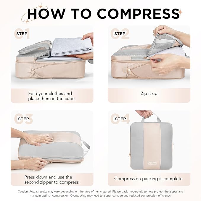 10 Set Compression Packing Cubes for Travel Women Mom,OlarHike Luggage Clothes Storage Gifts for Travelers,Airplane/Cruise/Car/Train Travel Essentials,Compressible Expandable Saver Space Bags(Beige)