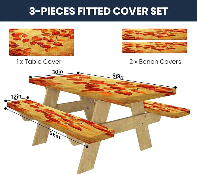 CAPSCEOLL Fitted Picnic Table Cover with Bench Covers with Elastic 8Ft Waterproof Camping Picnic Table Cover Cloths for Outdoors Camping Tablecloth with Drawstring Bag, 96X30in, Burnt Orange Leaves
