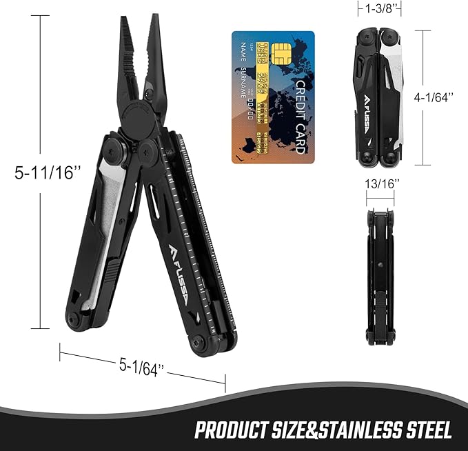 FLISSA Multitool, 16-in-1 Multitools with Sheath, Stainless Steel EDC Multitool, Pocket Knife, Bottle Opener, Screwdriver, Pocket Multi-Tool for Camping, Handwork, Hunting, Hiking, Fishing