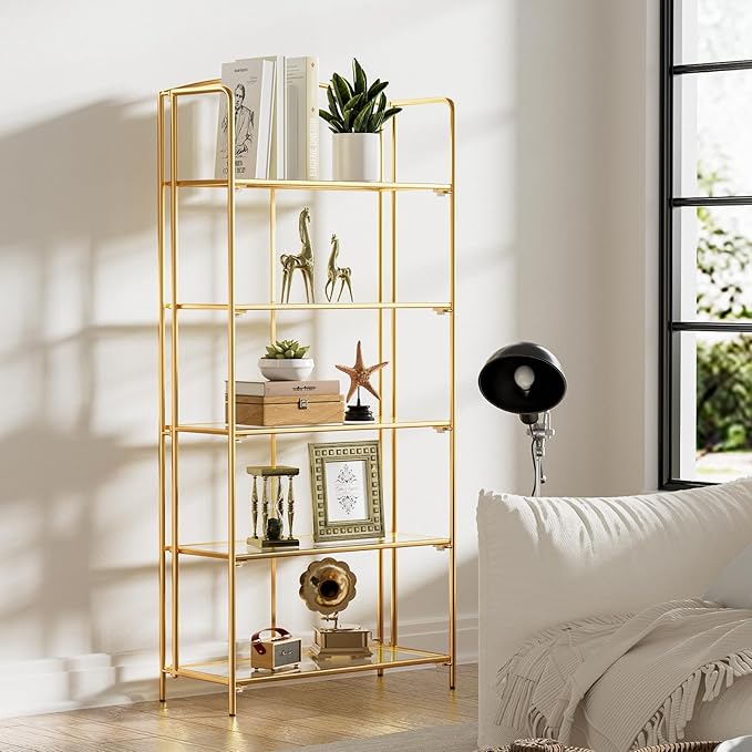 Crofy No Assembly Folding Bookshelf for Living Room, 5 Tier Gold Collapsible Book Shelf for Home Office, Portable Bookcase Storage Organizer