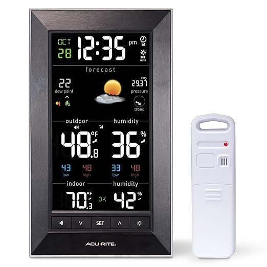 AcuRite Digital Vertical Weather Forecaster with Indoor/Outdoor Temperature, Humidity, and Date and Time (01121M) , BLACK