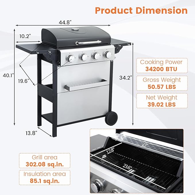 4-Burner Propane Gas BBQ Grill, 34200BTU Stainless Steel Barbecue Grill With Wire Enamel Cooking Grids, Foldable Side Table for Outdoor Camping (Style11: 4 Burner)