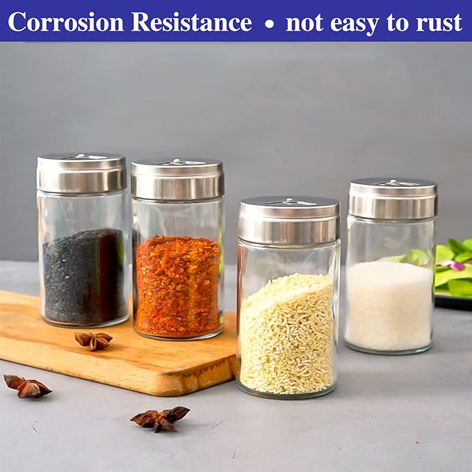 4pcs Salt and Pepper Shakers Set, Salt Shaker and Pepper Shaker with Adjustable Pour Holes, Pepper and Salt Container with Stainless Steel Lid,Glass Salt and Pepper Shakers,Spice Shaker for Kitchen