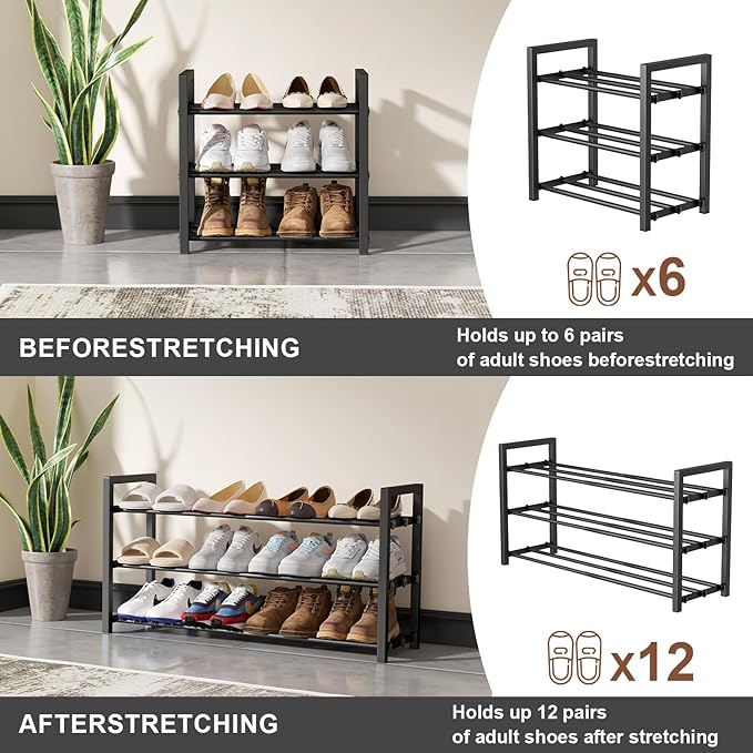 3-Tier Expandable Shoe Rack,Adjustable Shoe Shelf Storage Organizer Heavy Duty Metal Free Standing Shoe Rack for Entryway Closet Doorway (Black)