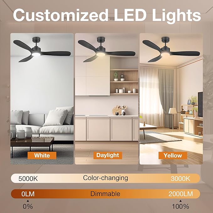 52” Wood Smart Ceiling Fans with Lights Remote,Quiet DC Motor,Outdoor Indoor Ceiling Fan,Voice Control via WIFI Alexa App,Dimmable,Modern Black Ceiling Fan for Bedroom Patio Porch