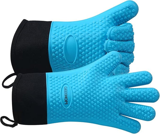 GEEKHOM BBQ Gloves Heat Resistant Oven Mitts - Silicone Grilling Gloves with 13.7" Arm Protection - Waterproof Pot Holder Non-Slip for Men & Women, Kitchen Outdoor Cooking, Baking, Camping, Blue