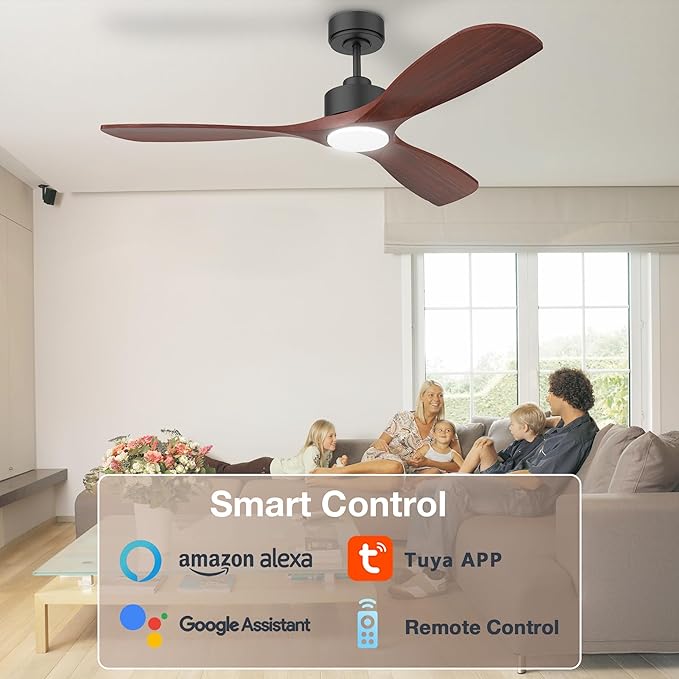 52” Wood Smart Ceiling Fans with Lights Remote,Quiet DC Motor,Outdoor Indoor Ceiling Fan,Voice Control via WIFI Alexa App,Dimmable,Modern Black Lighting& Ceiling Fan for Bedroom Patio Porch