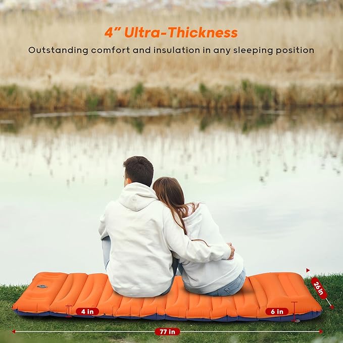 4 Inch Thick Inflatable Sleeping Pad for Camping, with Foot Pump and Pillow, Lightweight Camping Mattress for Outdoors, Backpacking, Hiking