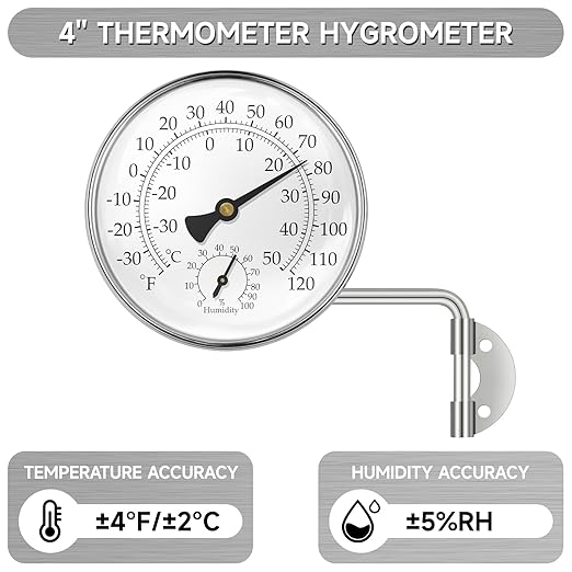 4" Swivel Thermometer Outdoor Thermometer, Decorative Weather Thermometer Hygrometer for Kitchen Window, Patio, Greenhouse and Garage (Silver)