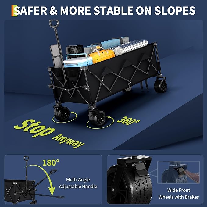 Heavy Duty Foldable Wagon for Beach, Extra Large Collapsible Foldable Wagon for Camping, All Terrain Beach Wagons Extended with Cup Holders for Sand