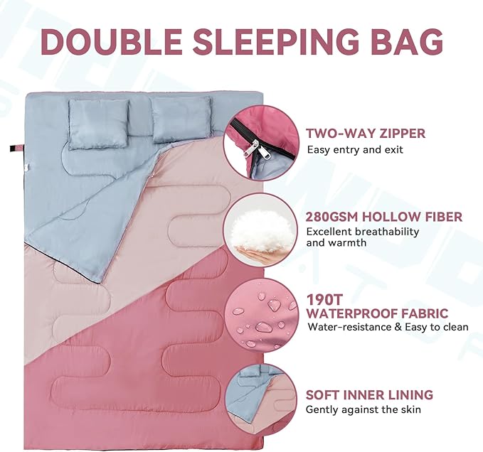 Double Sleeping Bag for Adults Kids - Lightweight 2 Person Sleeping Bag with Pillow, Queen Size Waterproof Camping Sack Two Person for Girls, Boys, Youths, Teens, Compact for Cold Weather & Warm