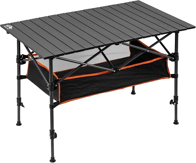 Night Cat Camping Table with Storage Basket Foldable Picnic Table for Outdoor Indoor Lightweight Rustless Adjustable Height 1.7-3ft BBQ Garden Backyard 75KG 37x22in