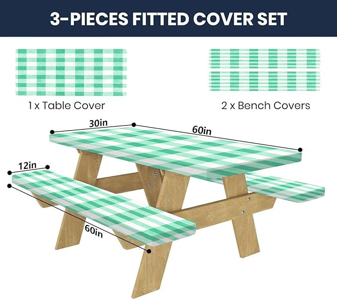 CAPSCEOLL Elastic Picnic Table Cover with Bench Covers 5Ft Waterproof Fitted Picnic Table Cover Cloths for Outdoors Camping Tablecloth with Drawstring Bag, 60X30in, Green Checkered