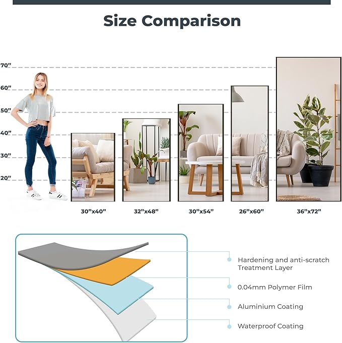 Fab Glass and Mirror Glassless Shatterproof Wall Mirror 0.04mm Nano Film for Gym, Dance Studio, Home Workout Room 30" x 54" Chrome