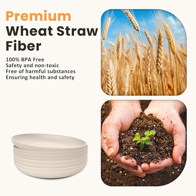 Homienly Wheat Straw Dinner Plates Set of 8, Unbreakable, Dishwasher & Microwave Safe, Modern Style, 9 inch, Beige