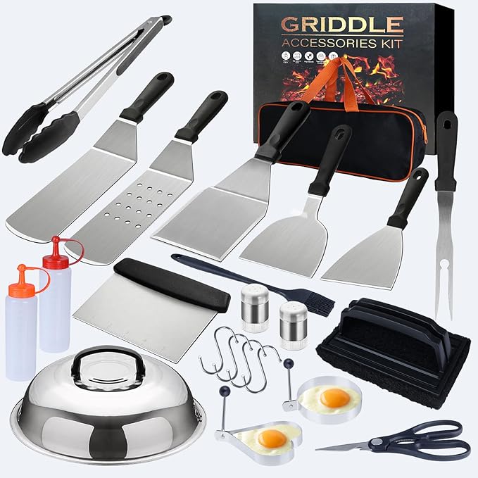 Griddle Accessories Kit for Blackstone and Camp Chef,Extra Thickened Stainless Steel Grill Accessories Set，Grill Tools Set with Enlarged Grill Spatula, Griddle Cover Salt and Pepper Shakers (23PCS)