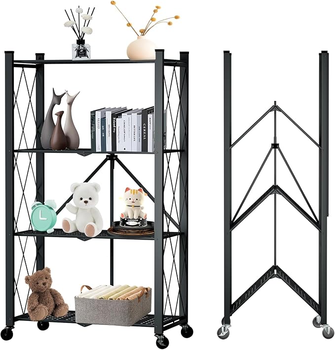 4 Tier Foldable Storage Shelf with Wheels, Heavy Duty Folding Shelf Loads 600 LBS, Metal Steel Collapsible Shelves, Rolling Standing Utility Rack for Kitchen, Pantry, Office, Black