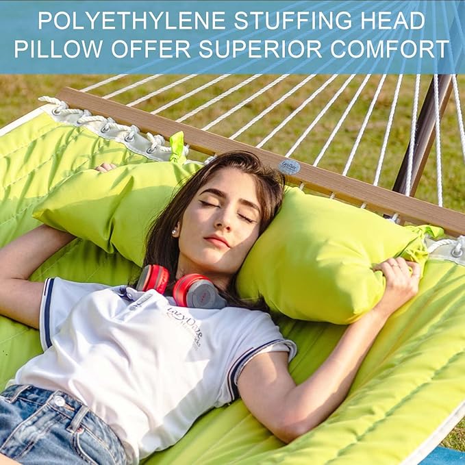 Lazy Daze Hammocks Quilted Fabric Double Hammock with Pillow, Spreader Bar Swing for Two Person (Light Green)