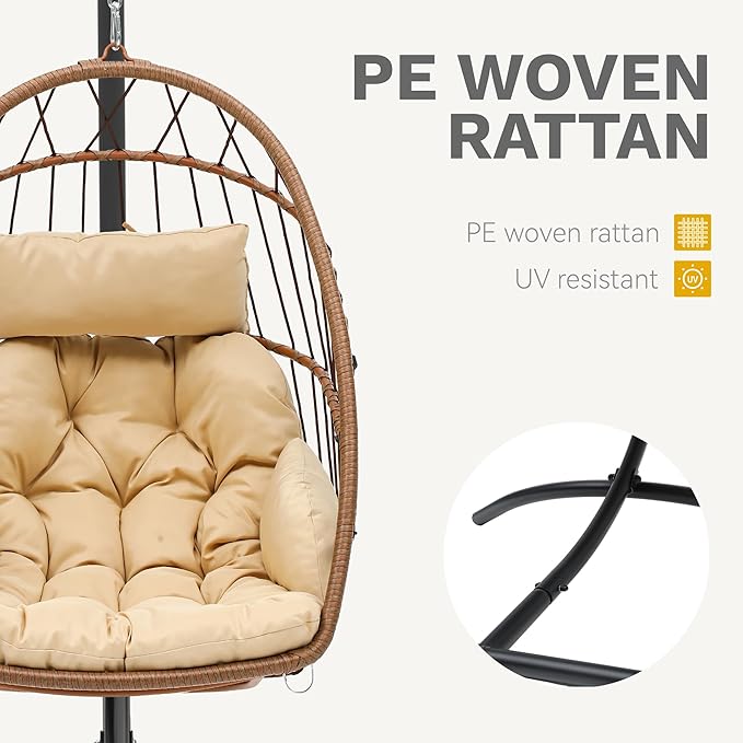 DWVO Egg Chair with Stand, Hanging Outdoor Rattan Wicker Patio Hammock Indoor Egg Chair with Cushion, Hanging Swing Chair 300lbs for Porch, Garden, Bedroom, Balcony, Beige
