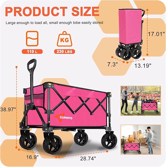 Collapsible Wagon Cart with Wheels, Heavy DutyFoldable Wagon Cart with 230lbs Weight Capacity, UtilityBeach Wagons Portable for Outdoor, Grocery, Camping,.Shopping, Rose Red